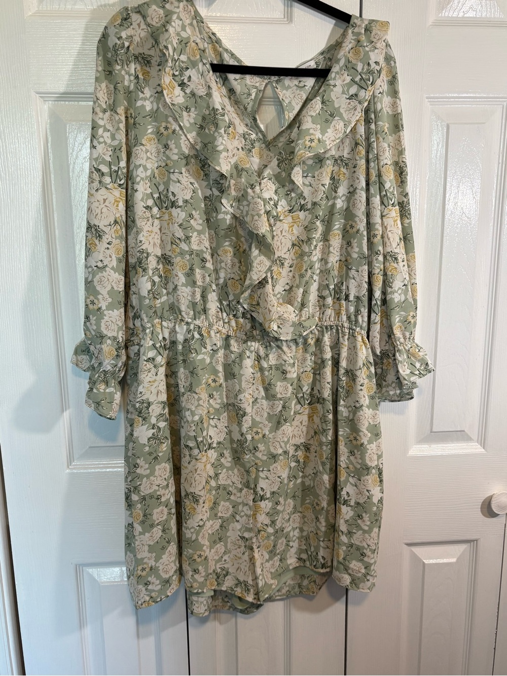 Chic Soul Sage Green Floral Ruffle Long Sleeve Dress